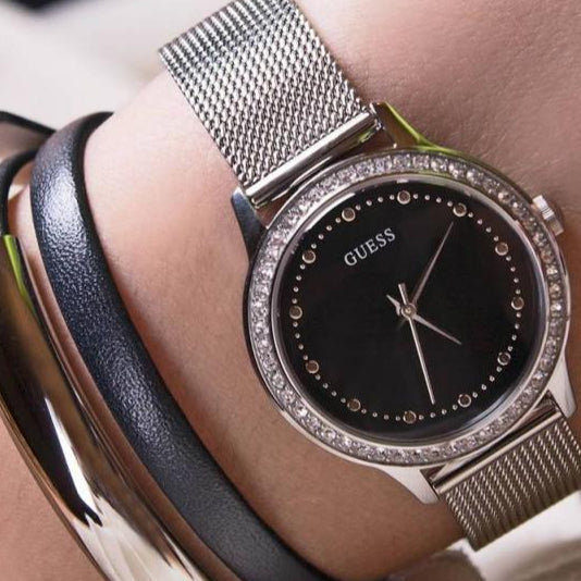 Guess Chelsea Crystals Black Dial Silver Mesh Bracelet Watch For Women - W0647L5