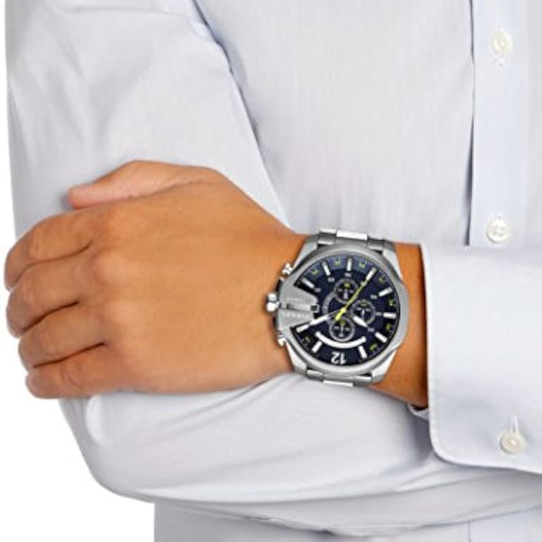 Diesel Mega Chief Chronograph Blue Dial Silver Steel Strap Watch For Men - DZ4465