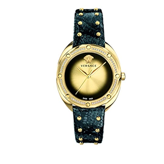 Versace Shadov Quartz Gold Dial Black Leather Strap Watch for Women - VEBM01118