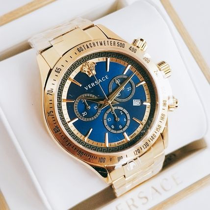 Versace Classic Chronograph Quartz Blue Dial Gold Steel Strap Watch For Men - VEV700619