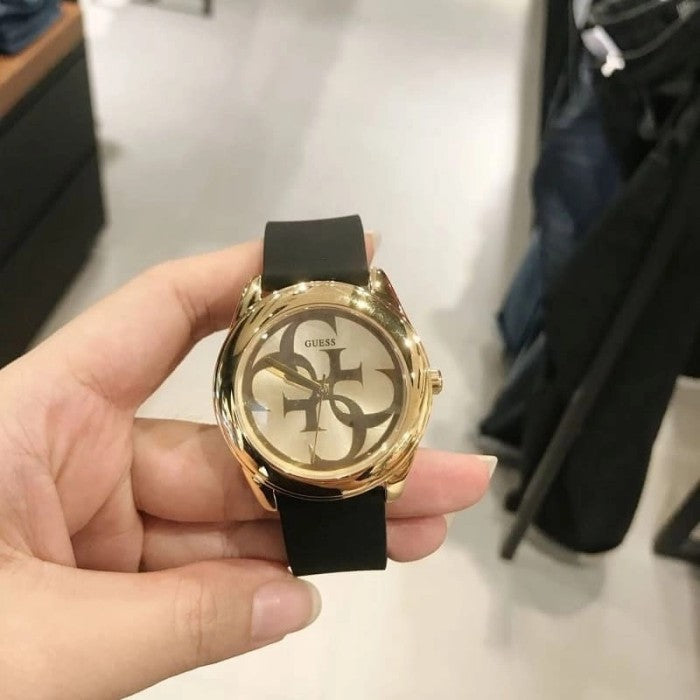 Guess G Twist Gold Dial Black Leather Strap Watch for Women - W0911L3