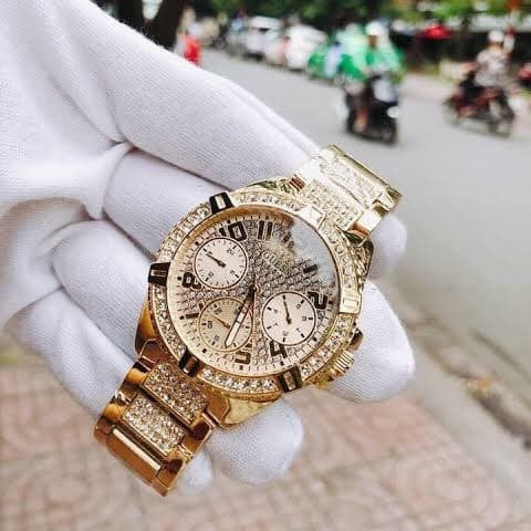 Guess Frontier Diamonds Gold Dial Gold Steel Strap Watch For Women - W1156L2