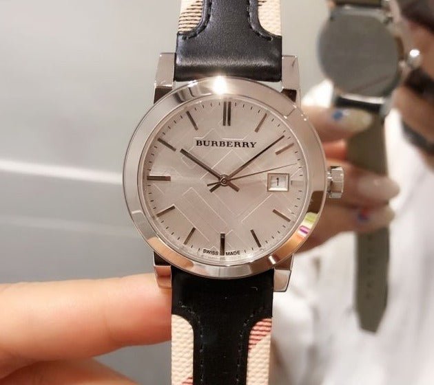 Burberry The City White Dial Black Haymarket Leather Strap Watch for Women - BU9150