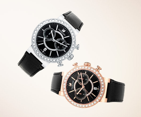 Swarovski Citra Sphere Chronograph Black Dial Black Leather Strap Watch for Women - 5055209