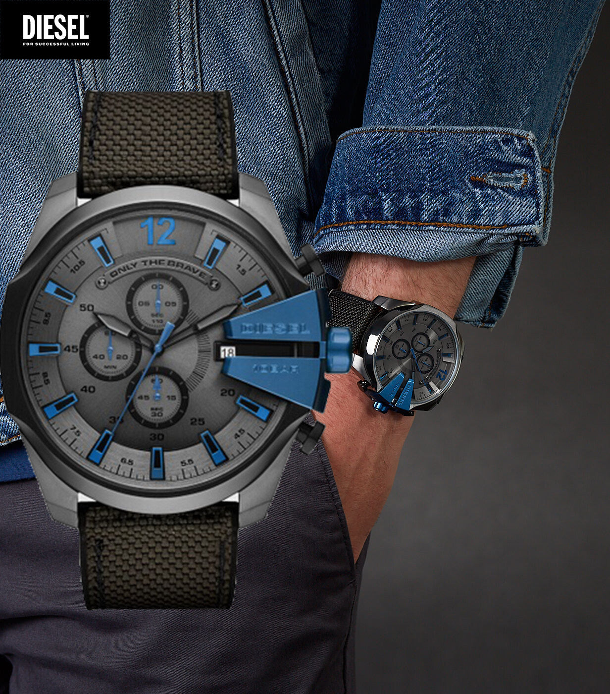 Diesel Mega Chief Chronograph Black Dial Black Nylon Strap Watch For Men - DZ4500