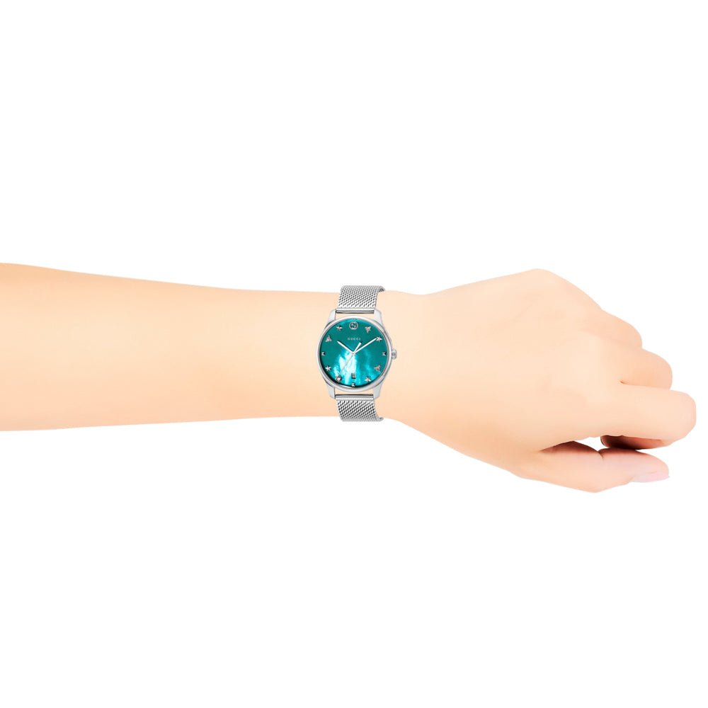 Gucci G-Timeless Turquiose Mother of Pearl Dial Silver Mesh Bracelet Watch For Women - YA1264039