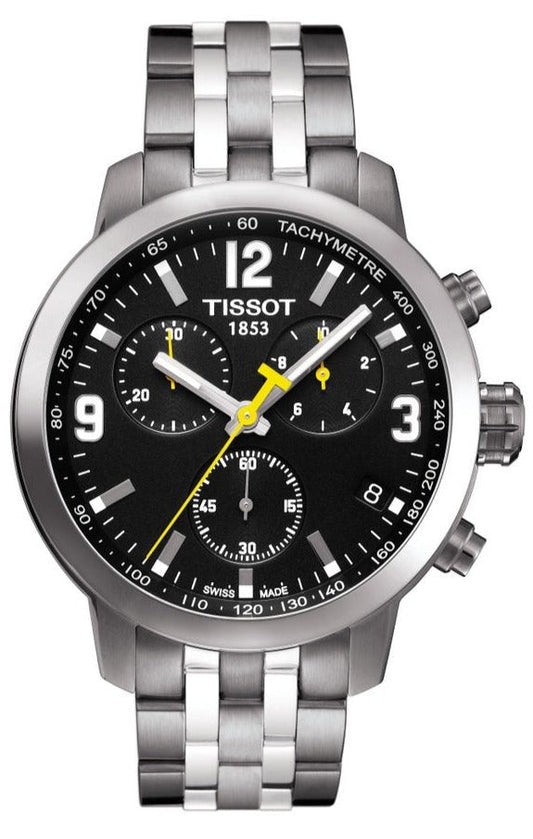 Tissot PRC 200 Chronograph Black Dial Silver Steel Strap Watch For Men - T055.417.11.057.00