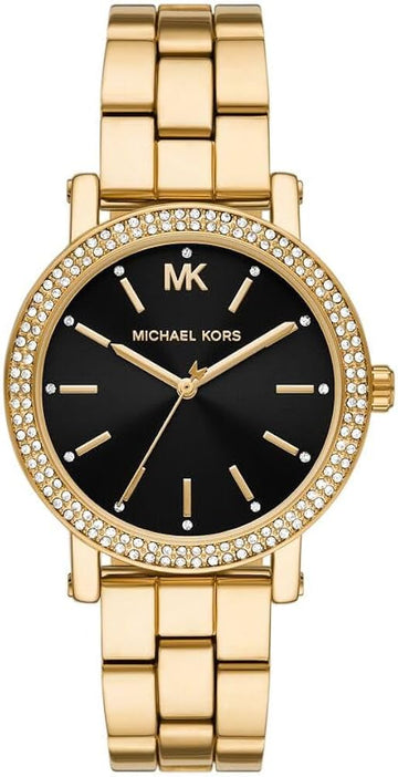 Michael Kors Corey Three Hand Black Dial Gold Steel Strap Watch for Women - MK7345