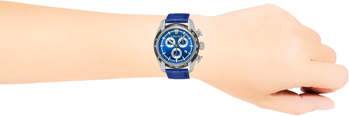 Versace V-Ray Chronograph Quartz Blue Dial Blue Leather Strap Watch for Men - VE2I00721