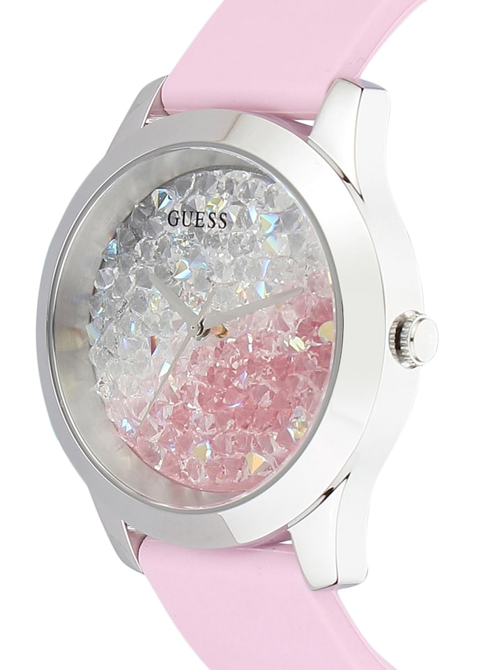 Guess Crush Crystals Silver Dial Pink Rubber Strap Watch for Women - W1223L1