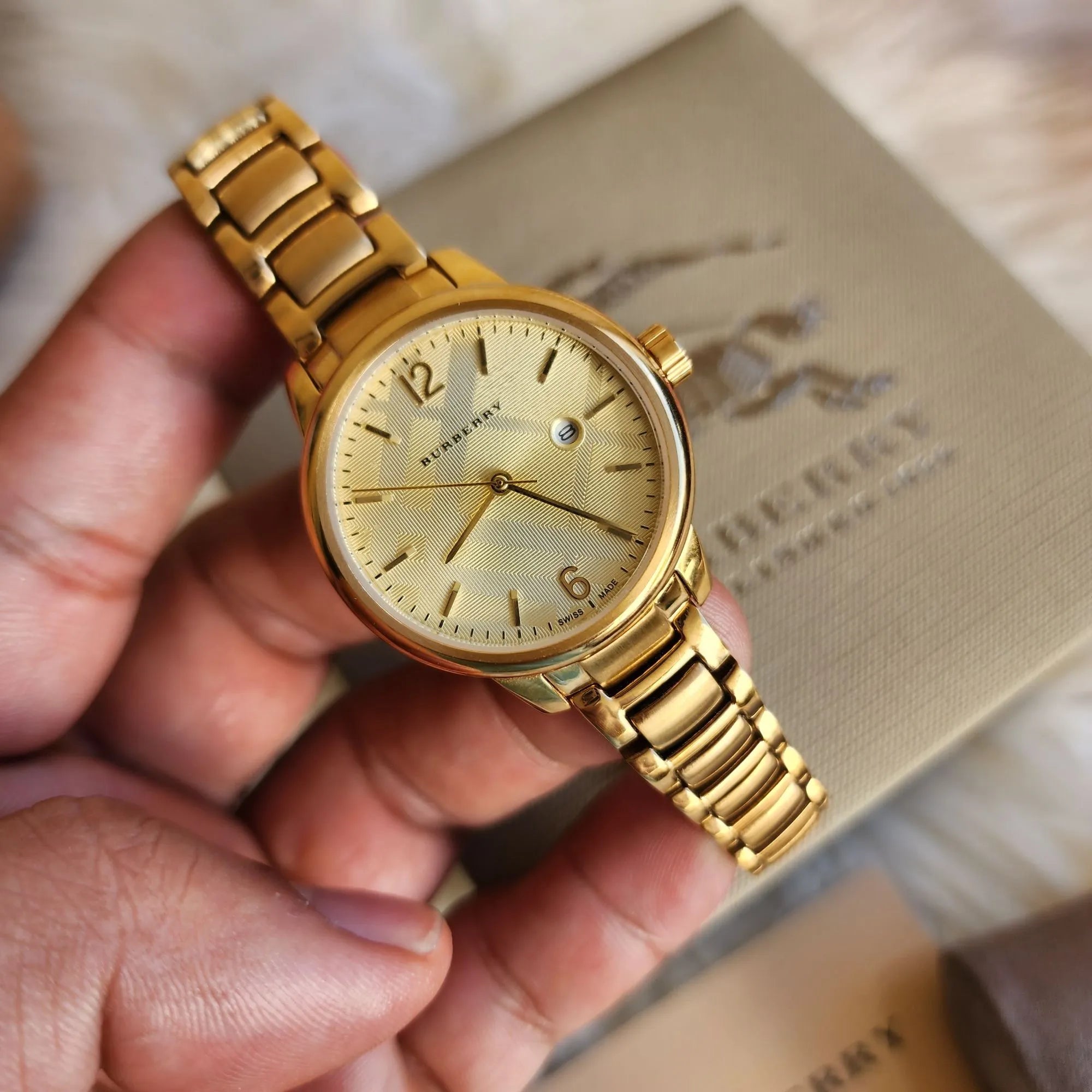 Burberry The Classic Champagne Dial Gold Steel Strap Watch for Women - BU10109