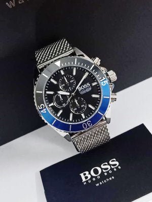 Hugo Boss Ocean Edition Black Dial Silver Mesh Strap Watch for Men - 1513742
