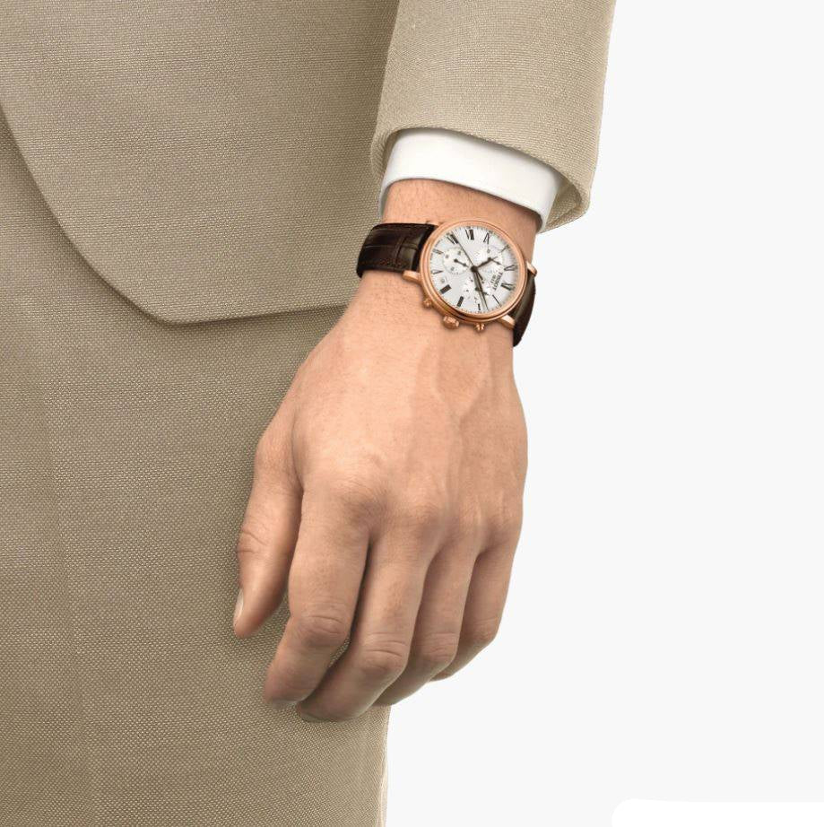 Tissot Carson Premium Chronograph Silver Dial Brown Leather Strap Watch For Men - T122.417.36.033.00