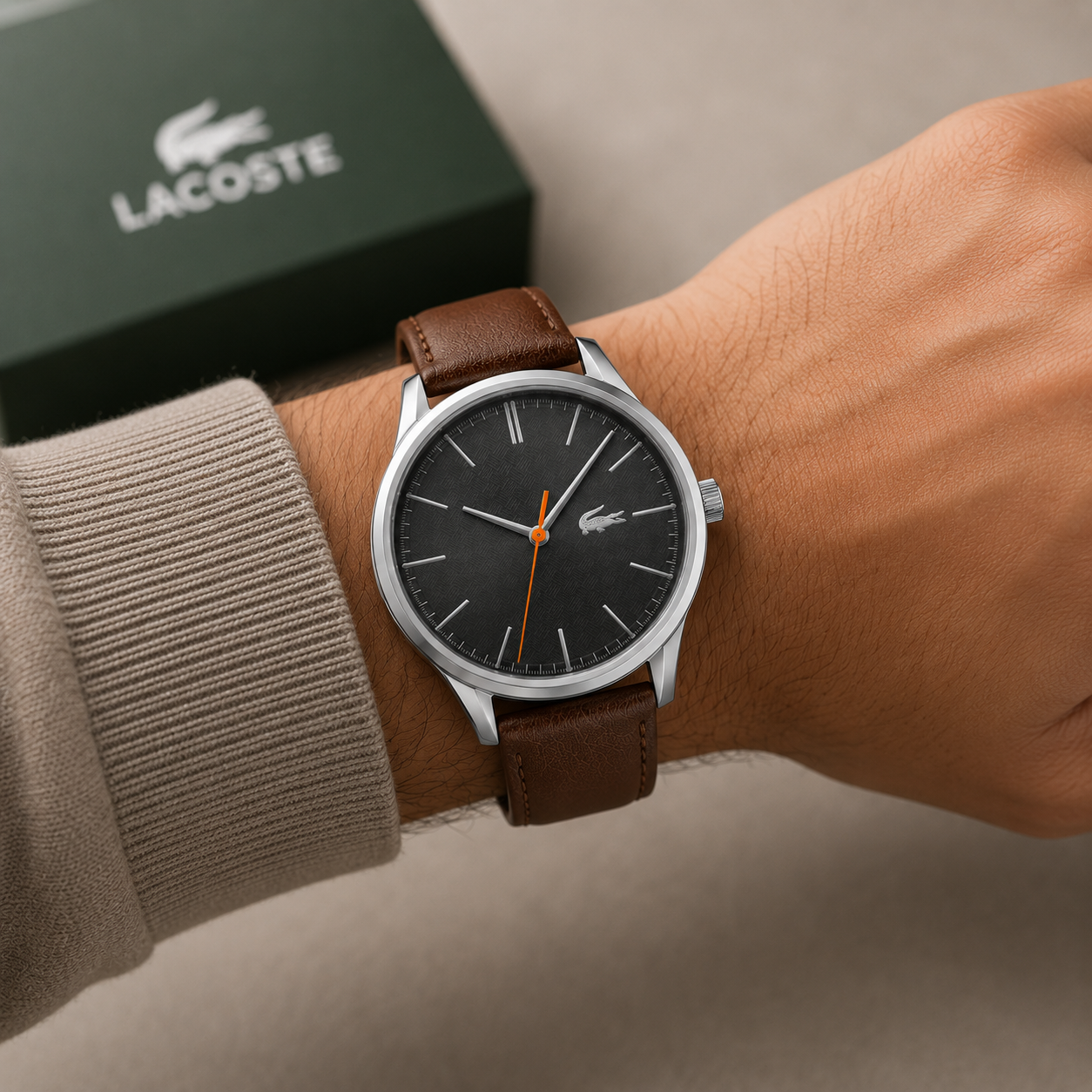 Lacoste Vienna Grey Dial Brown Leather Strap Watch for Men - 2011045