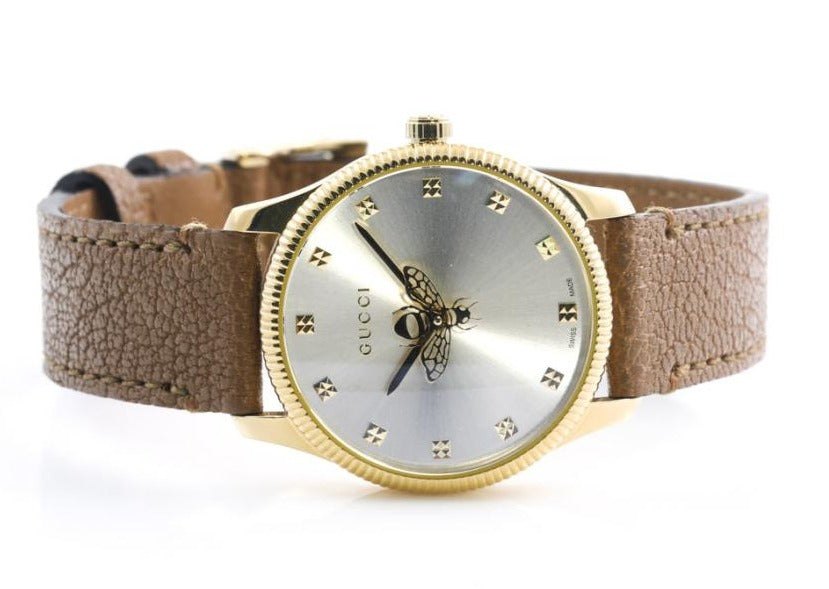 Gucci G Timeless Quartz Silver Dial Brown Leather Strap Watch For Women - YA1265022