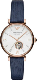 Emporio Armani Gianni T-Bar Analog Silver Dial Blue Leather Strap Watch For Women - AR60020