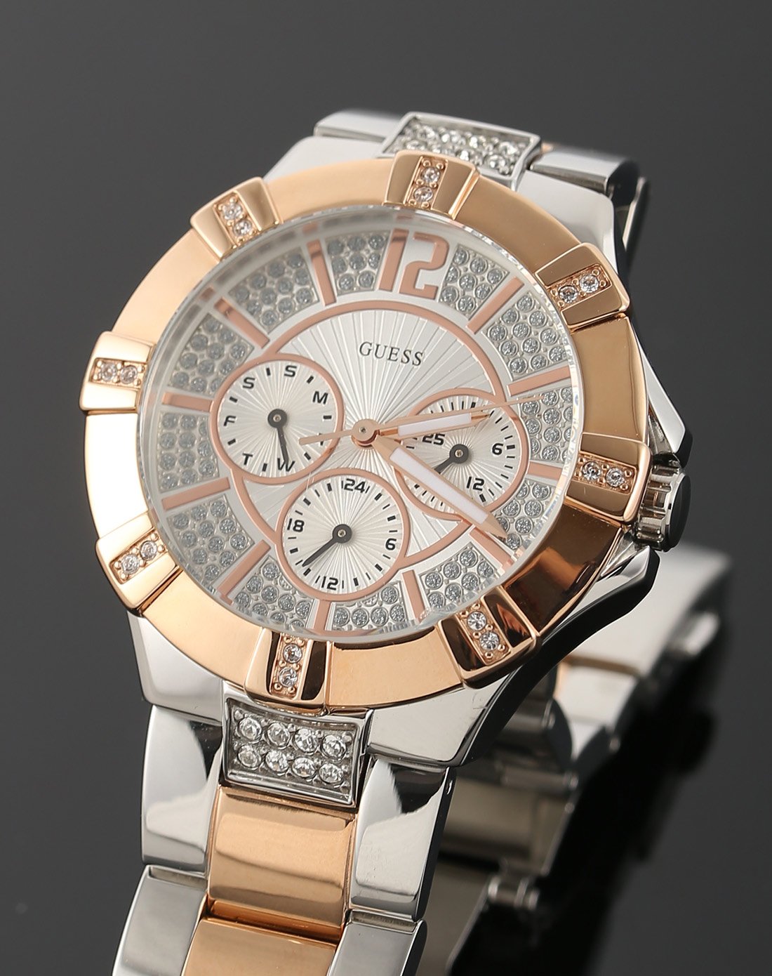 Guess Vista Analog Diamonds Silver Dial Two Tone Steel Strap Watch for Women - W0024L1