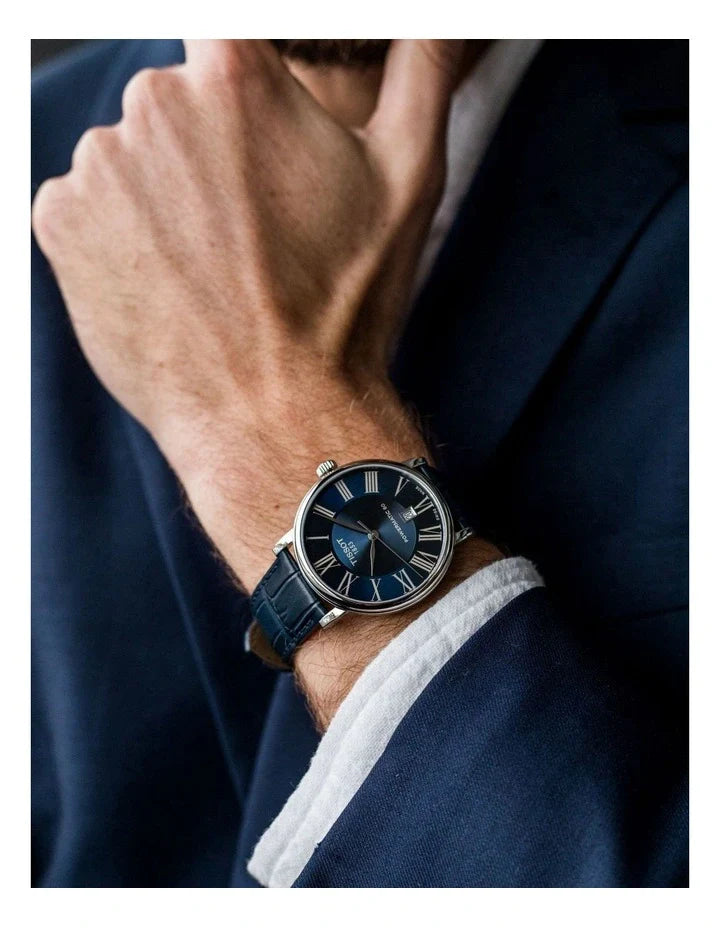 Tissot Carson Premium Powermatic 80 Blue Dial Blue Leather Strap Watch For Men - T122.407.16.043.00