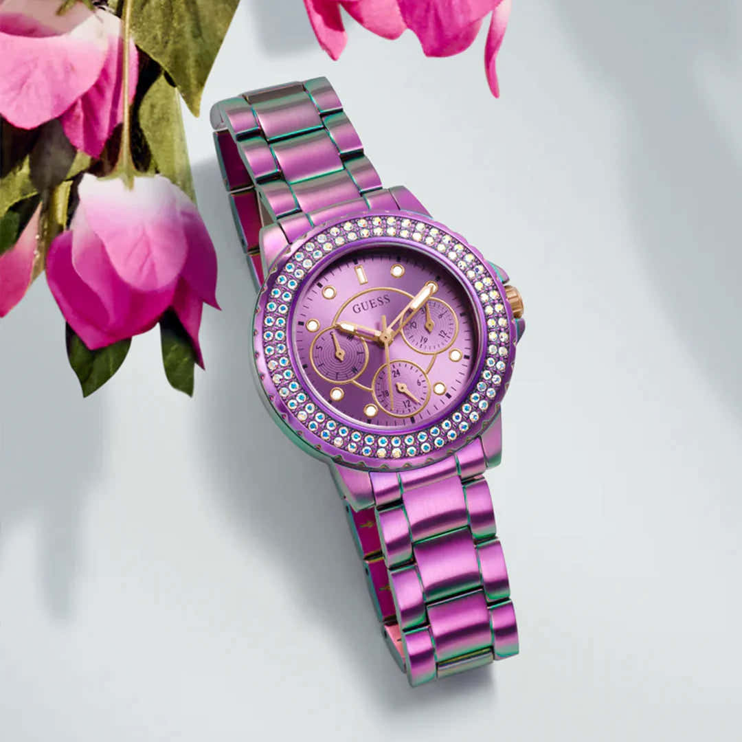 Guess Crown Jewel Diamonds Purple Dial Purple Steel Strap Watch for Women - GW0410L4