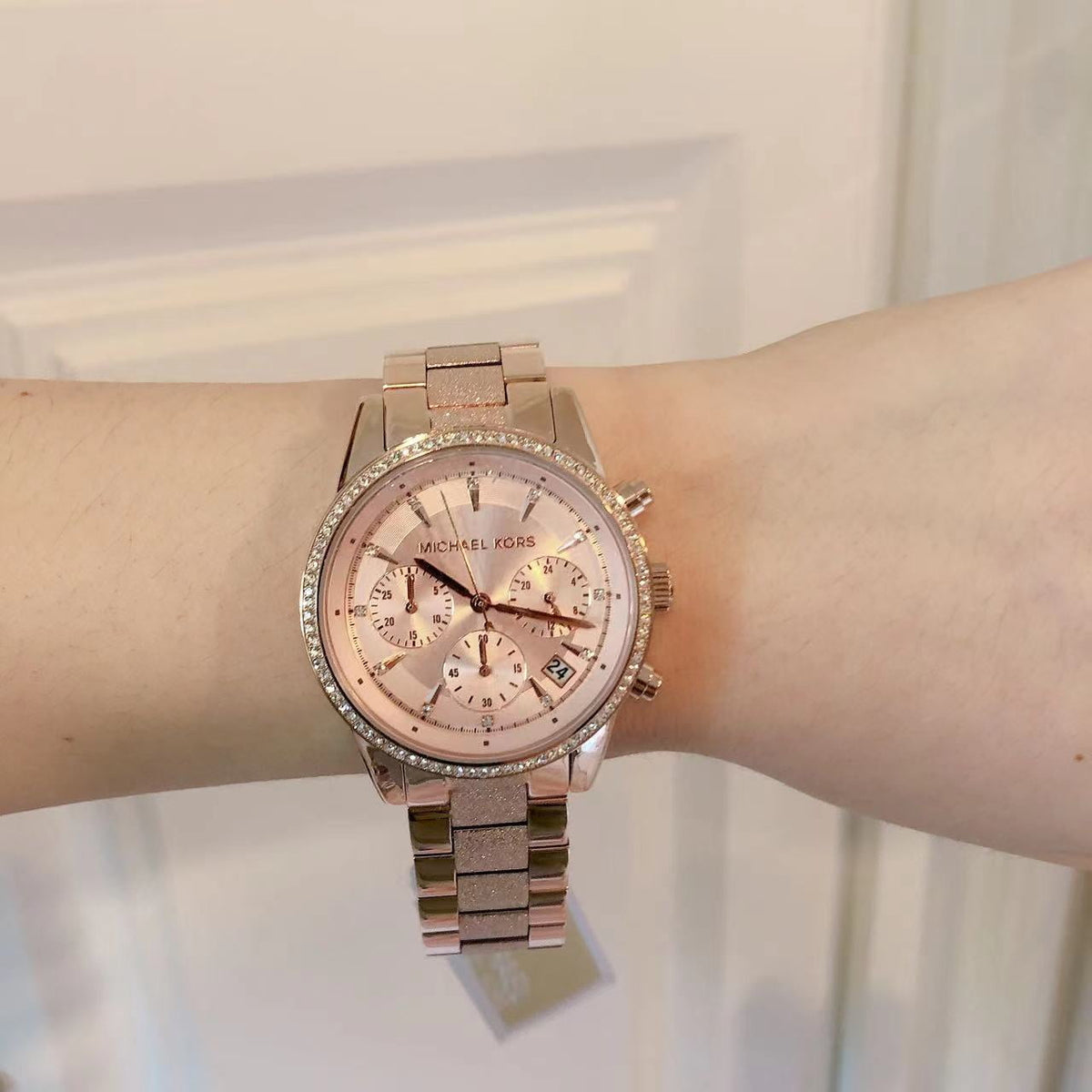 Michael Kors Ritz Chronograph Rose Gold Dial Rose Gold Steel Strap Watch For Women - MK6598