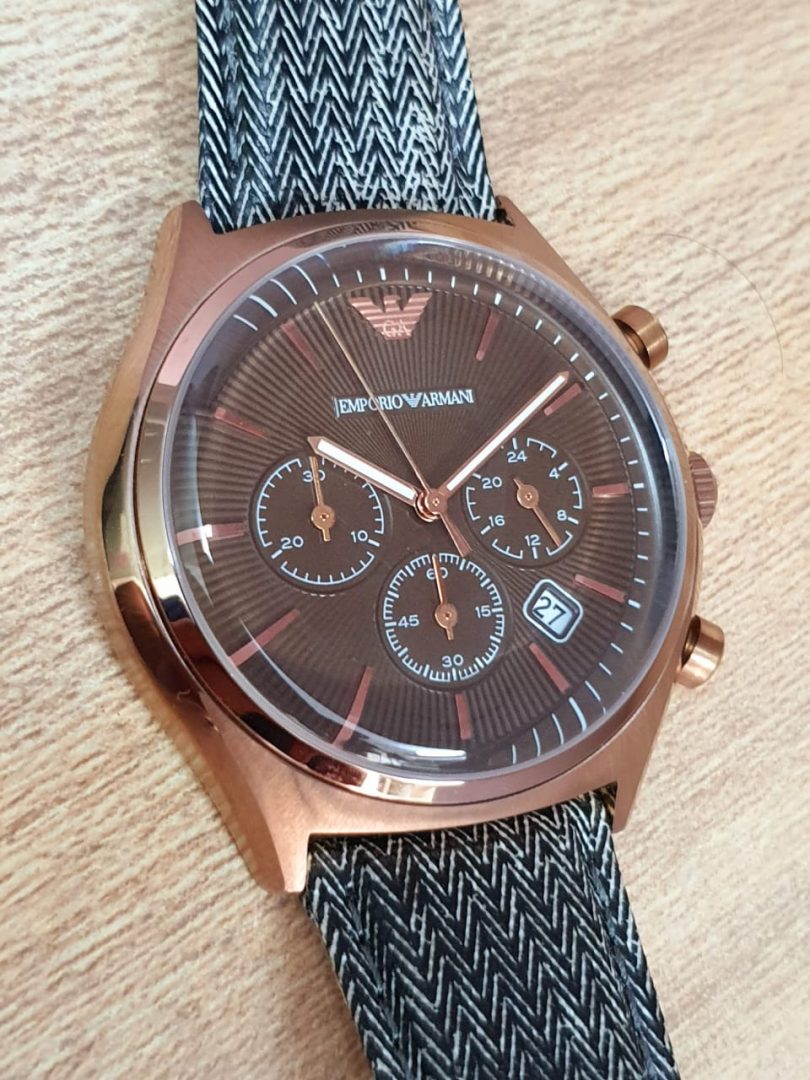 Emporio Armani Zeta Chronograph Brown Dial Gray Fabric Strap Watch for Men - AR1976