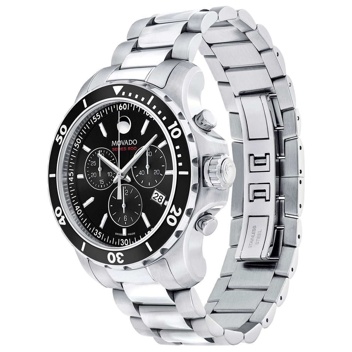 Movado Series 800 Chronograph Black Dial Silver Steel Strap Watch For Men - 2600142