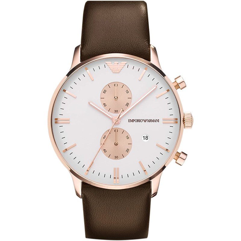 Emporio Armani Gianni Classic Chronograph White Dial Brown Leather Strap Watch For Men - AR0398