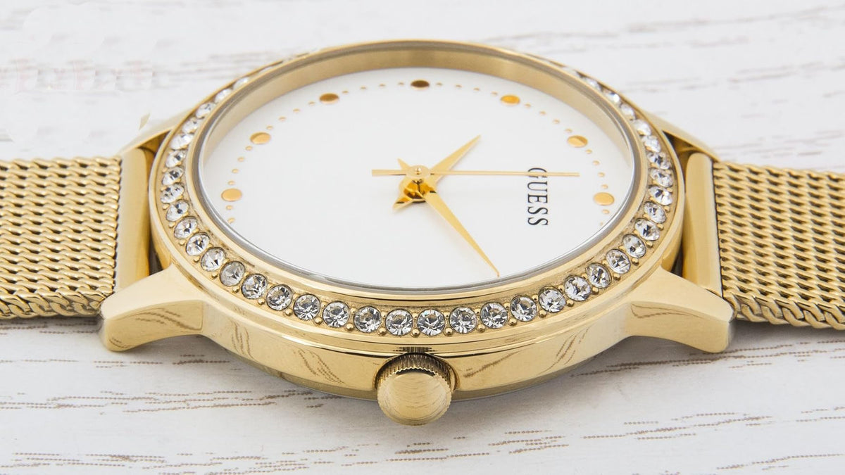 Guess Chelsea Crystals Mother of Pearl White Dial Gold Mesh Bracelet Watch For Women - W0647L7