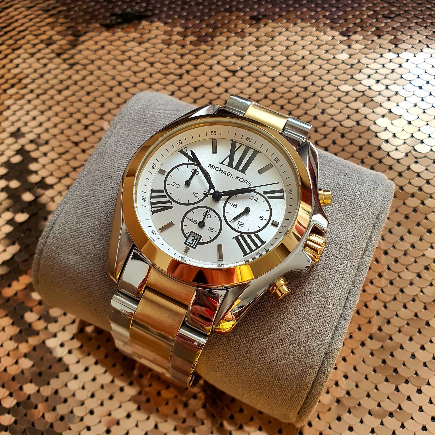 Michael Kors Bradshaw Chronograph Silver Dial Two Tone Steel Strap Watch For Women - MK5855