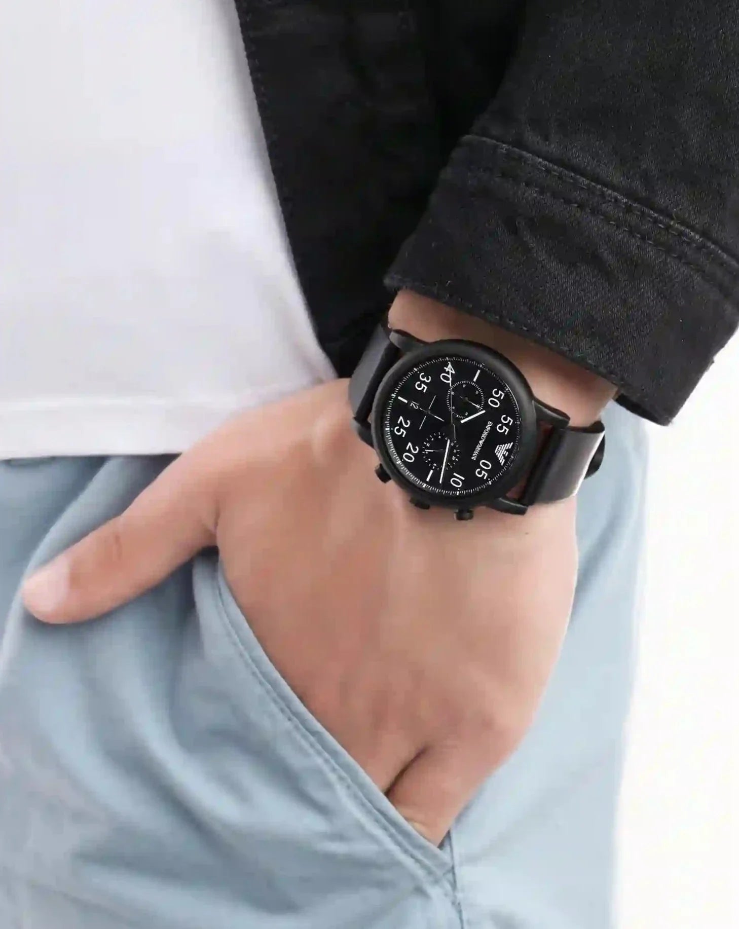 Emporio Armani Luigi Chronograph Black Dial Black Leather Strap Watch For Men - AR11133