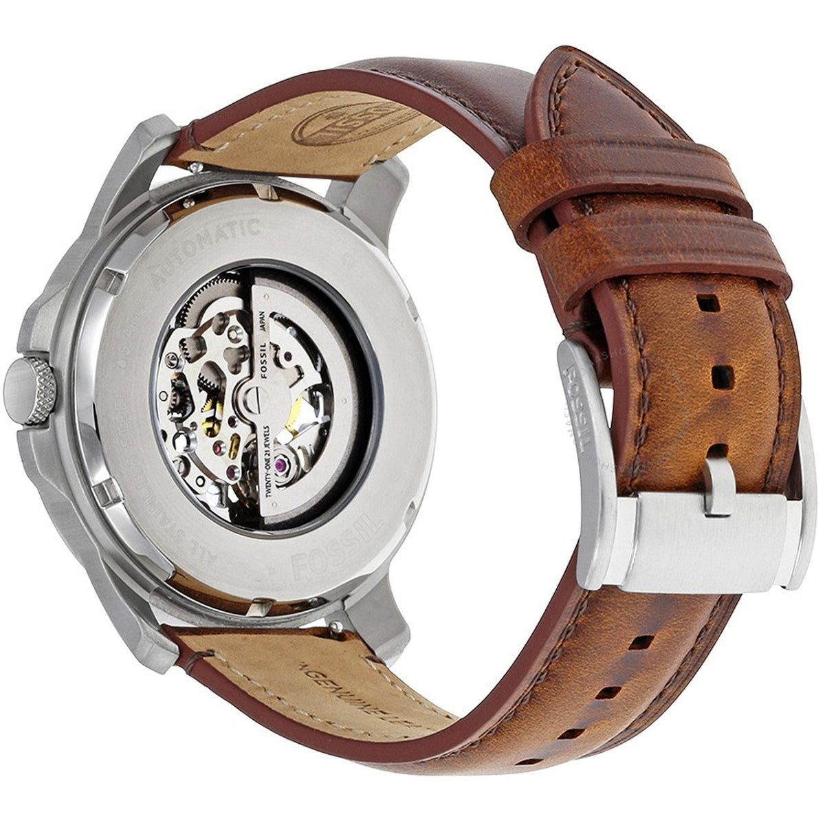 Fossil Grant Automatic Beige Skeleton Dial Brown Leather Strap Watch for Men - ME3099