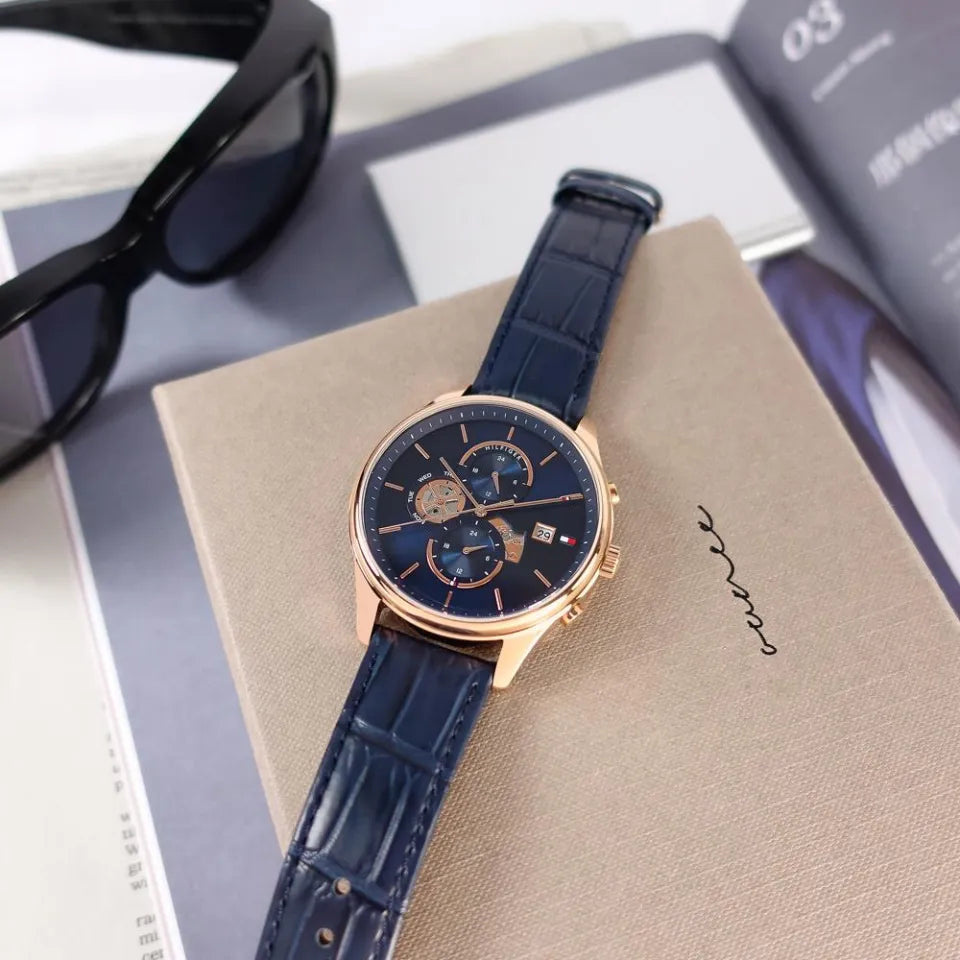 Tommy Hilfiger Weston Chronograph Blue Dial Blue Leather Strap Watch For Men - 1710503