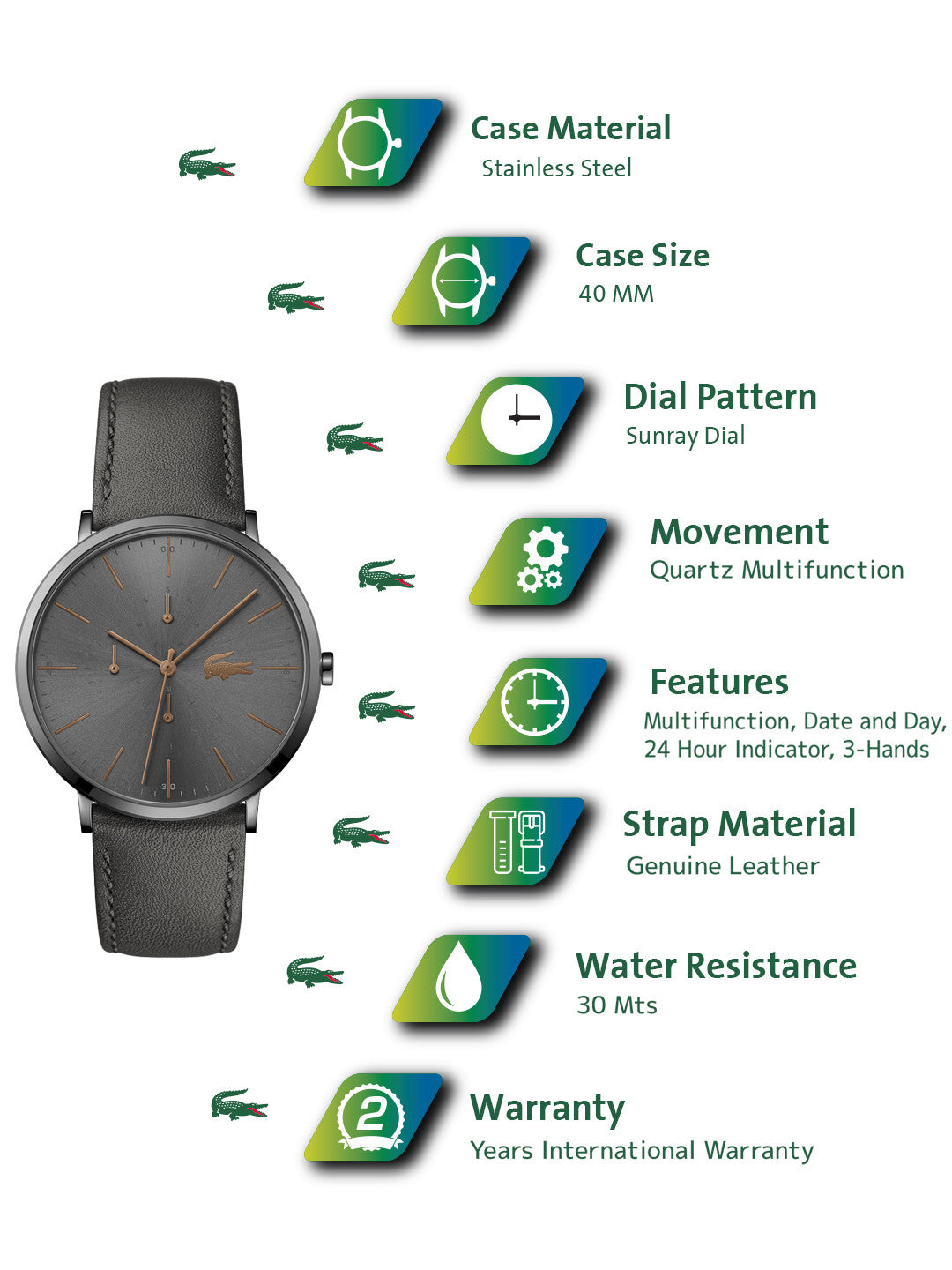 Lacoste Moon Gray Dial Gray Leather Strap Watch for Men - 2011059