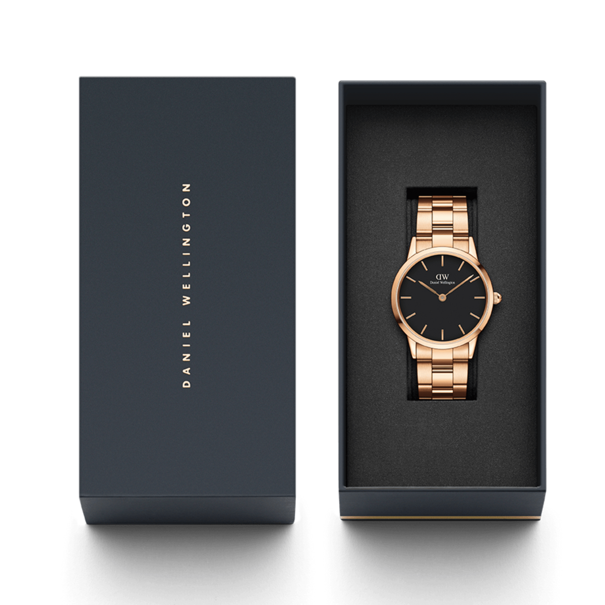 Daniel Wellington Iconic Link Black Dial Rose Gold Steel Strap Watch for Women - DW00100210