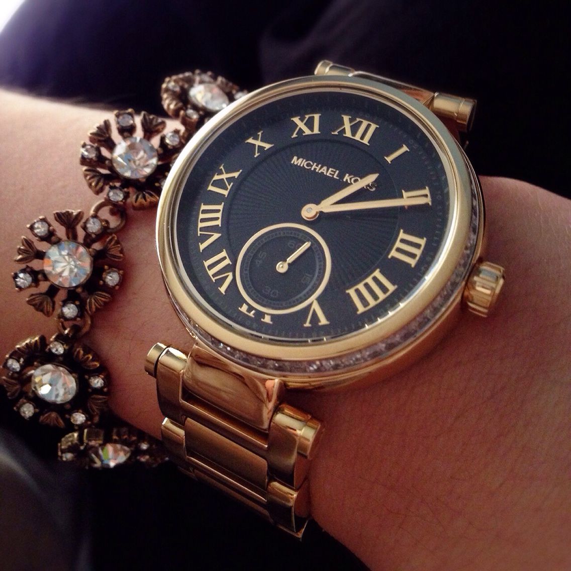 Michael Kors Skylar Black Dial Gold Steel Strap Watch for Women - MK5989