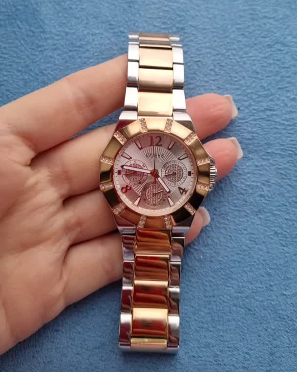 Guess Sunray Multifunction Crystals Silver Dial Two Tone Steel Strap Watch For Women - GW0616L3