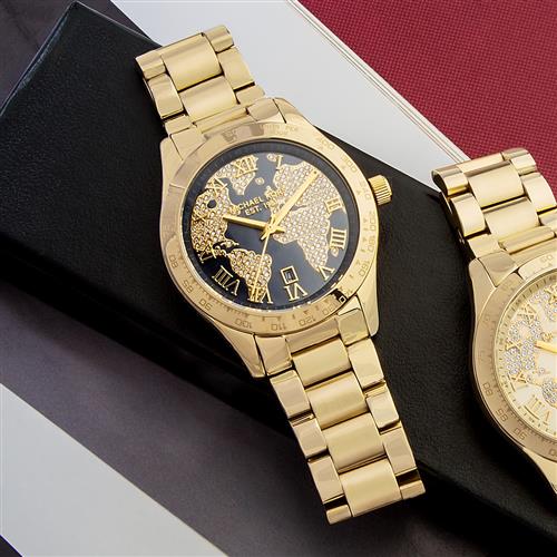 Michael Kors Layton Pave Blue Dial Gold Steel Strap Watch for Women - MK6243