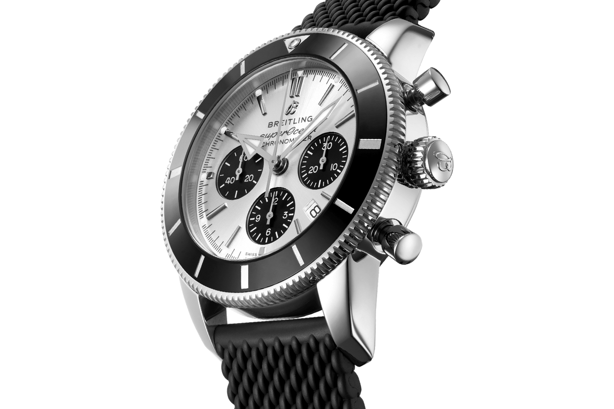 Breitling Superocean Heritage B01 Chronograph 44 Silver Dial Black Mesh Bracelet Watch for Men - AB0162121G1S1