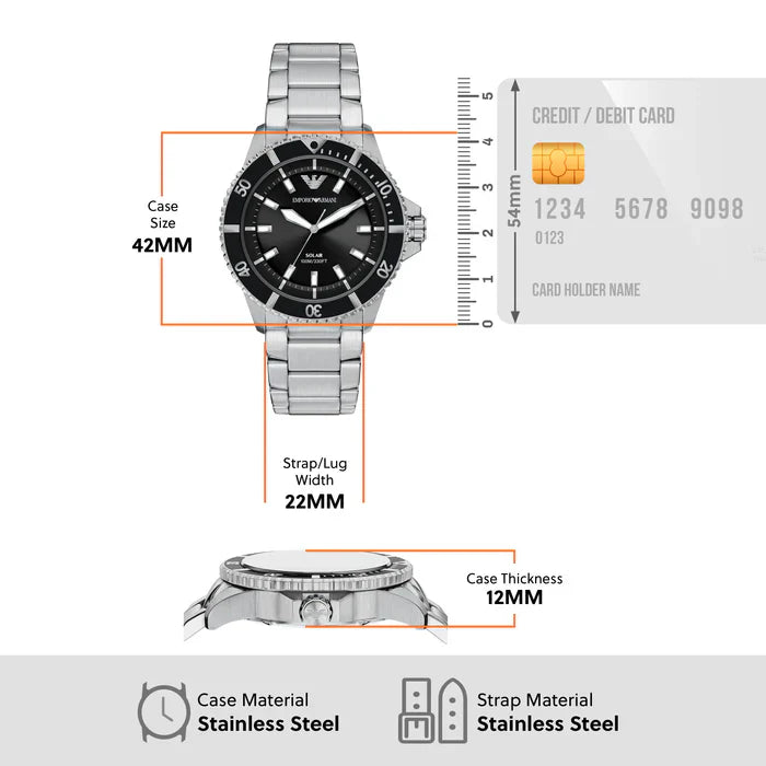 Emporio Armani World Explorer Solar Black Dial Silver Steel Strap Watch for Men - AR11787