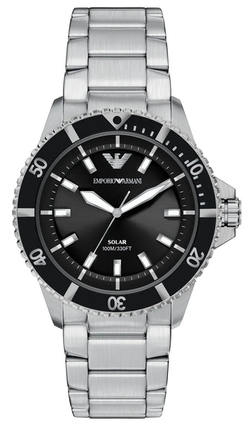 Emporio Armani World Explorer Solar Black Dial Silver Steel Strap Watch for Men - AR11787