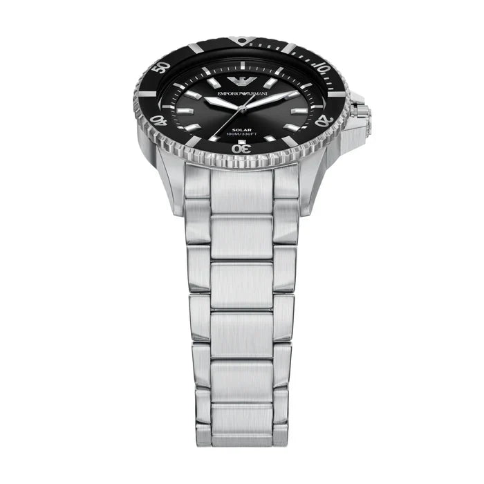 Emporio Armani World Explorer Solar Black Dial Silver Steel Strap Watch for Men - AR11787