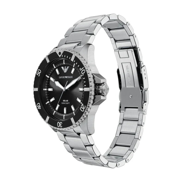 Emporio Armani World Explorer Solar Black Dial Silver Steel Strap Watch for Men - AR11787