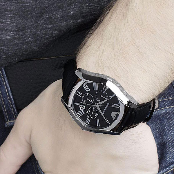 Emporio Armani Valente Chronograph Black Dial Black Leather Strap Watch For Men - AR1633