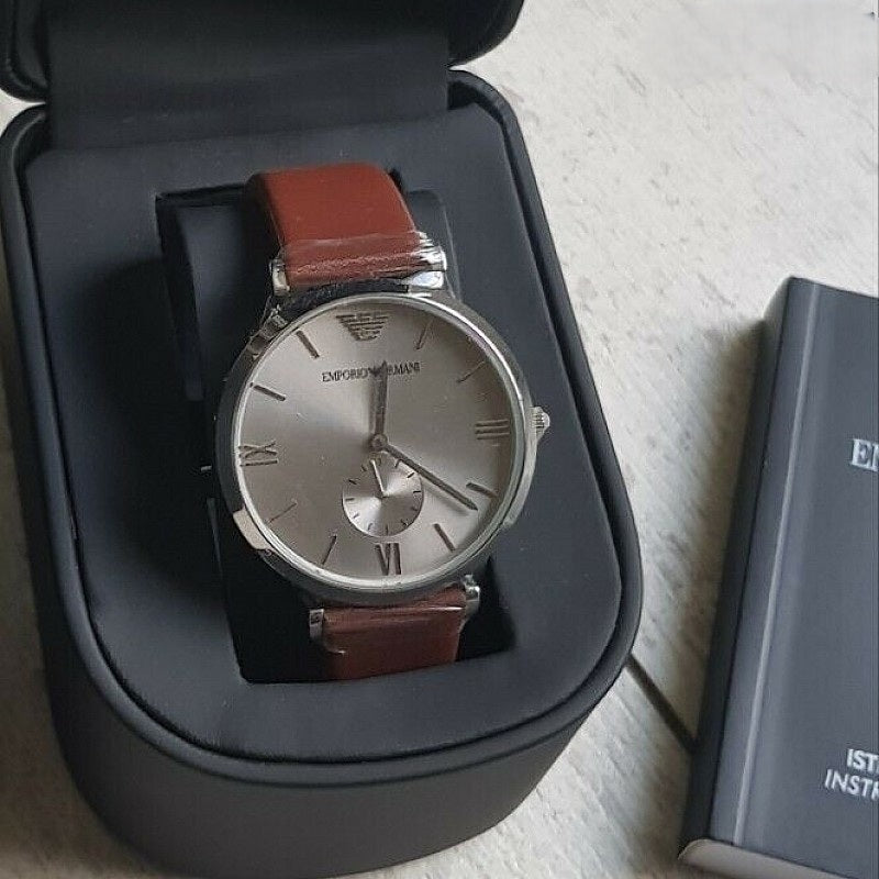 Emporio Armani Gianni Silver Dial Brown Leather Strap Watch for Men - AR1675
