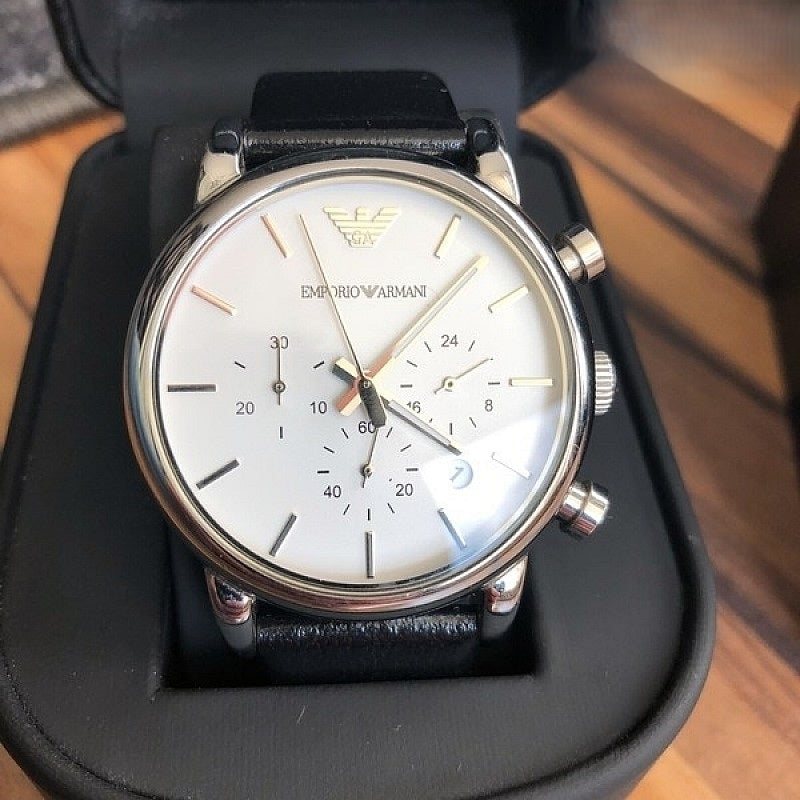 Emporio Armani Luigi Chronograph White Dial Black Leather Strap Watch for Men - AR1810