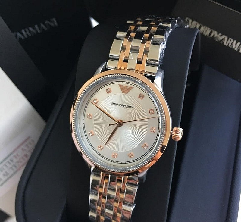 Emporio Armani Alpha Silver Dial Two Tone Steel Strap Watch for Women - AR1962