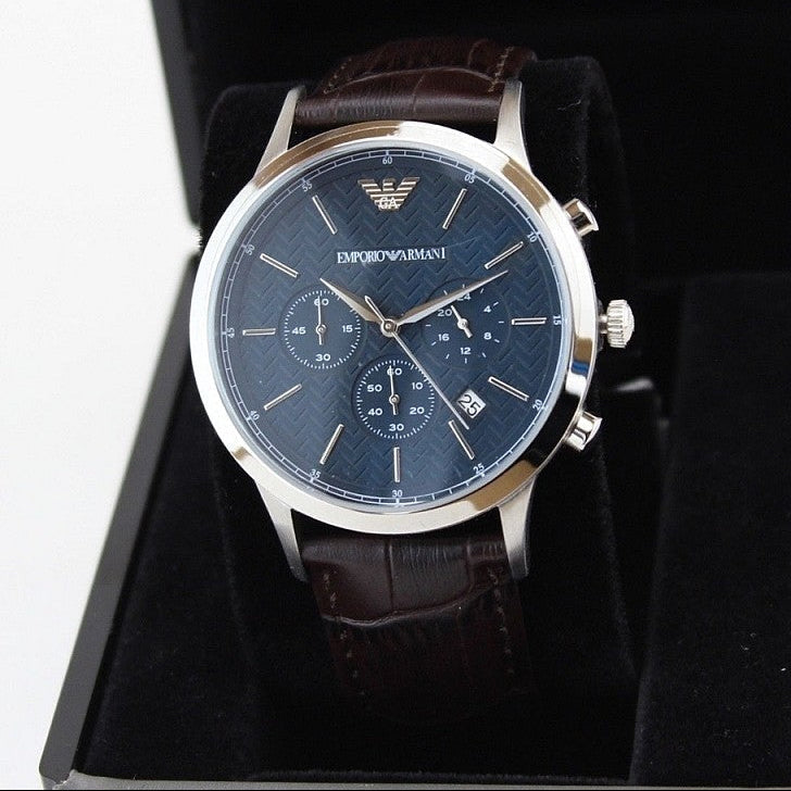 Emporio Armani Renato Chronograph Blue Dial Black Leather Strap Watch for Men  - AR2494