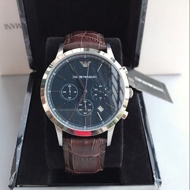 Emporio Armani Renato Chronograph Blue Dial Black Leather Strap Watch for Men  - AR2494