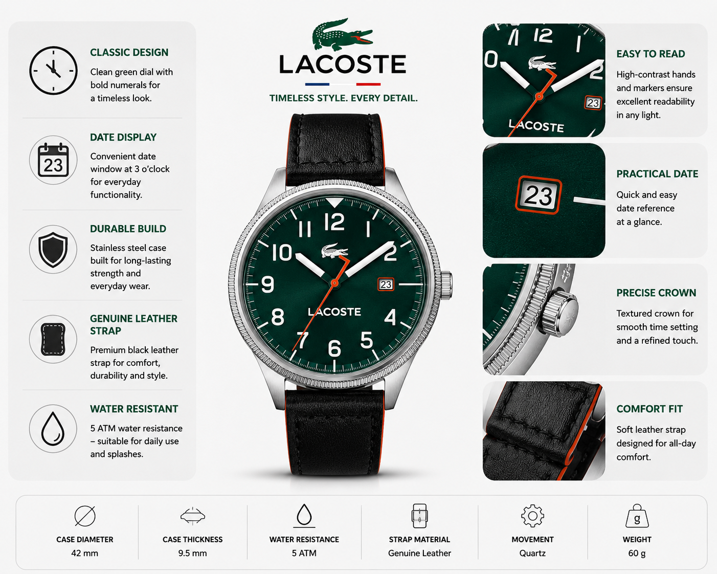 Lacoste Continental Green Dial Black Leather Strap Watch for Men - 2011019