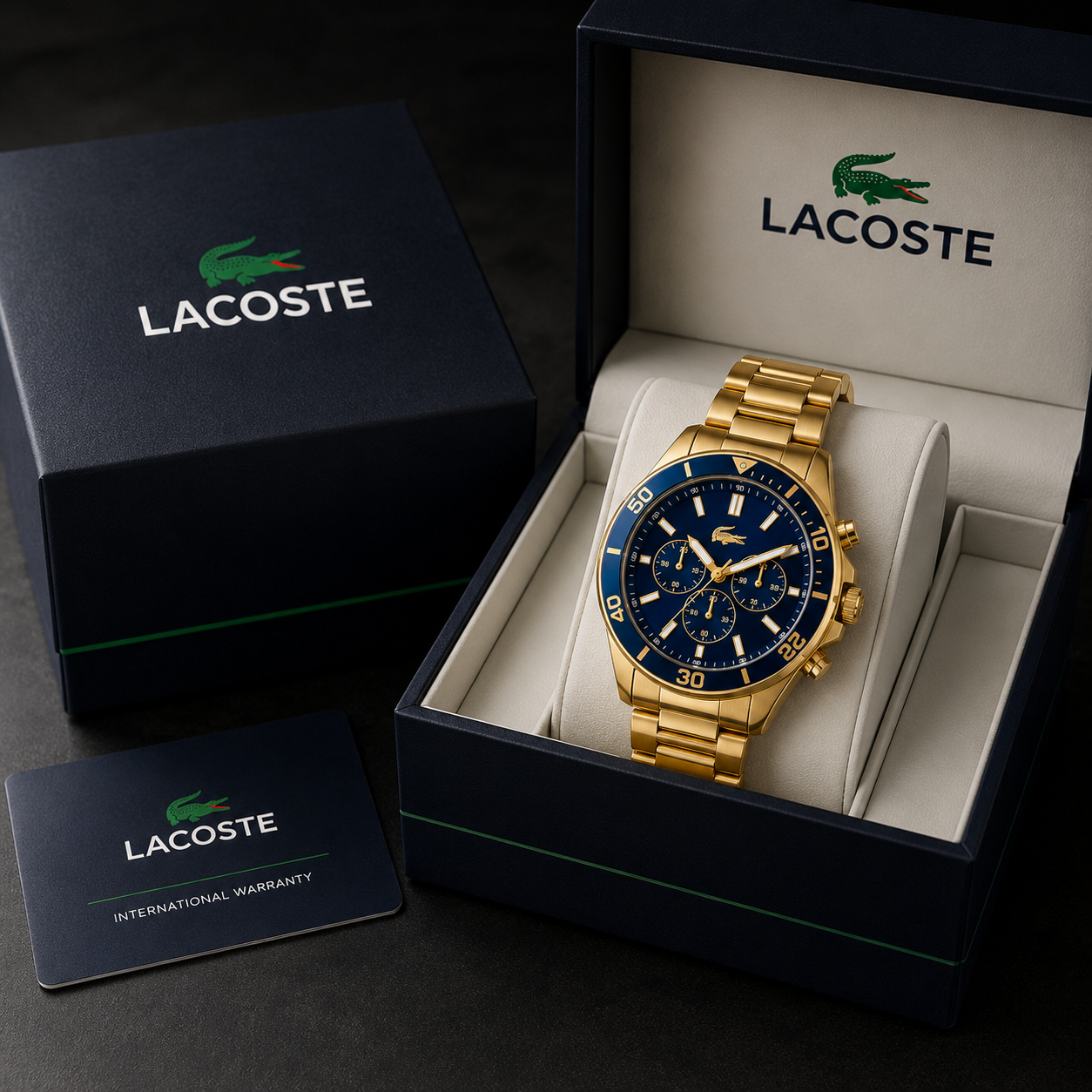 Lacoste Tiebreaker Chronograph Blue Dial Gold Steel Strap Watch for Men - 2011151